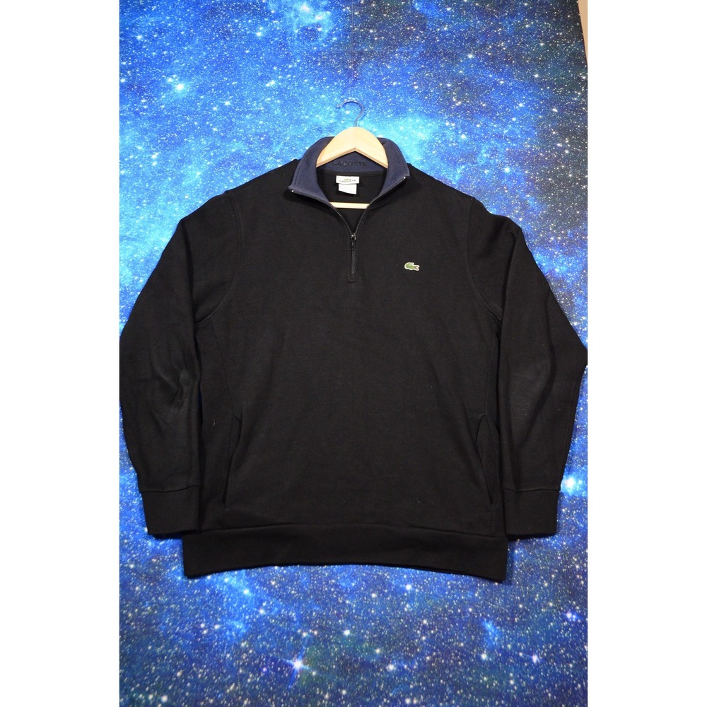 Lacoste Sweatshirt Mens XL Black 1/4 Zip Pullover Cotton Knit Croc Logo Pockets‎